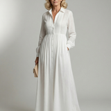 Libânia™ | Vestido Maxi Branco de Manga Comprida com Botões e Bolsos