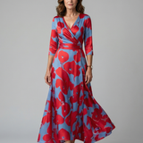 Celeste™ | Vestido midi floral com decote cruzado e manga a três quartos