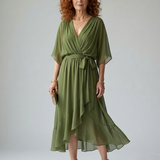 Elvira™ | Vestido midi drapeado com cinto e mangas até ao cotovelo