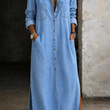 Vandira™ | Vestido maxi camiseiro com botões e fenda