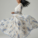 Rosendina™ | Vestido midi floral cruzado com saia plissada e mangas compridas