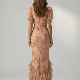 Gilberta™ | Vestido maxi floral com gola alta e manga bufante