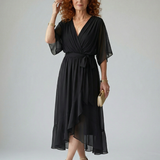 Elvira™ | Vestido midi drapeado com cinto e mangas até ao cotovelo