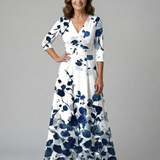 Celeste™ | Vestido midi floral com decote cruzado e manga a três quartos