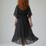 Elvira™ | Vestido midi drapeado com cinto e mangas até ao cotovelo