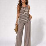 Felisbela™ | Conjunto Taupe de Blusa Geométrica e Calças Longas