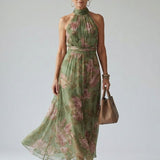Olímpia™ | Vestido midi floral com decote halter e detalhe franzido