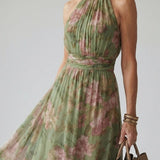 Olímpia™ | Vestido midi floral com decote halter e detalhe franzido