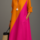 Onélia™ | Vestido midi bicolor laranja e cor-de-rosa